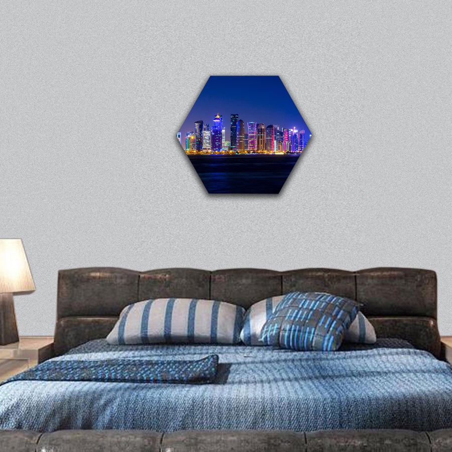 Doha skyscrapers with external lighting Qatar hexagonal canvas wall art