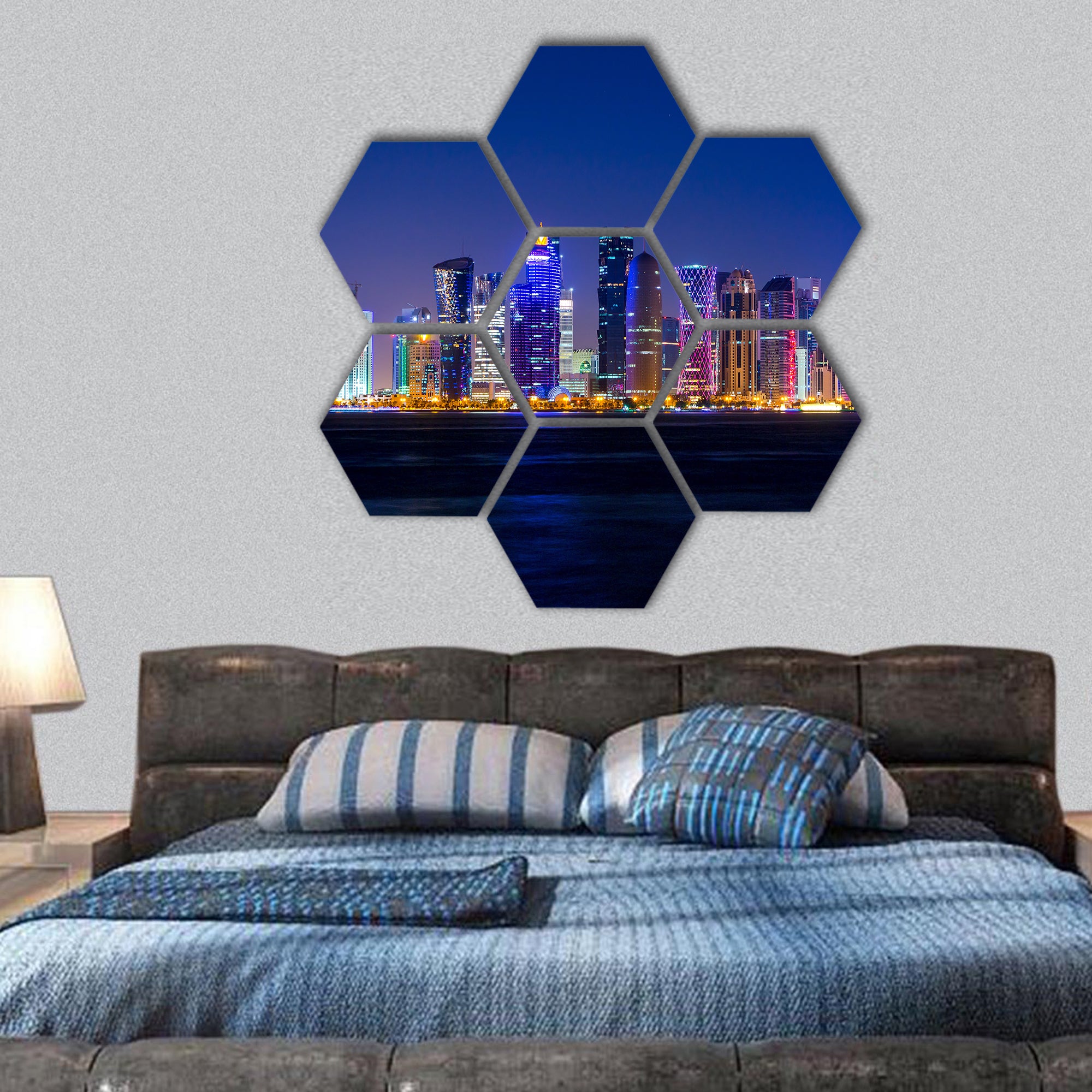 Doha skyscrapers with external lighting Qatar hexagonal canvas wall art