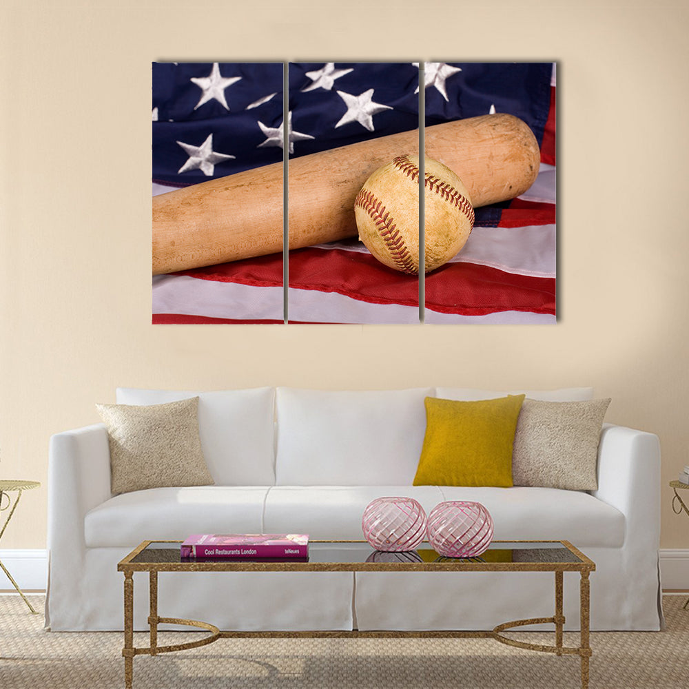 Old baseball and and bat with American flag. Focus is on ball Multi panel canvas wall art