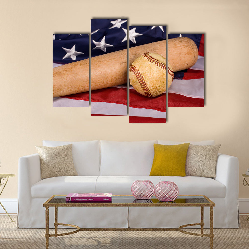 Old baseball and and bat with American flag. Focus is on ball Multi panel canvas wall art