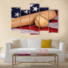 Old baseball and and bat with American flag. Focus is on ball Multi panel canvas wall art