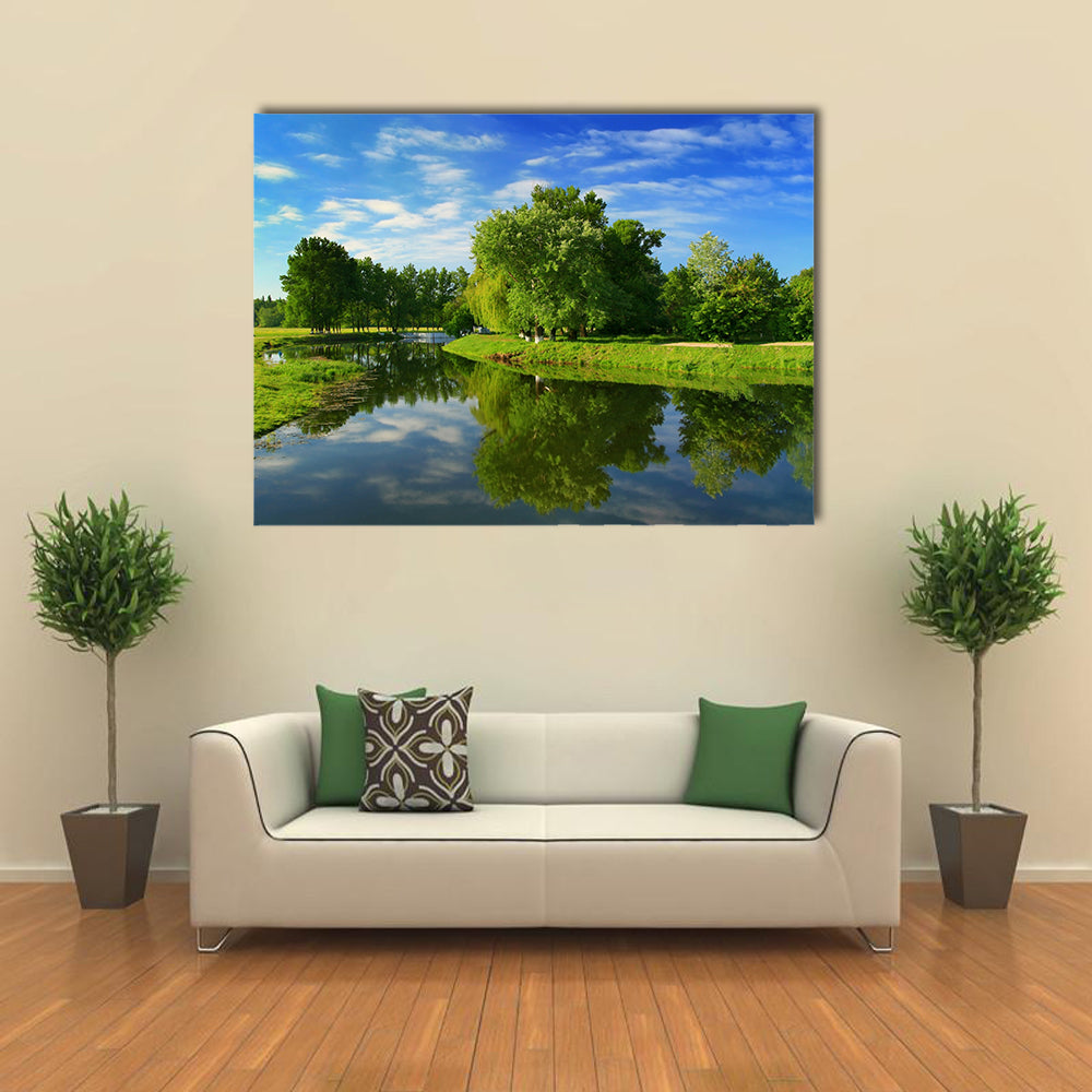 Reflection of trees in the river at dawn multi panel canvas wall art