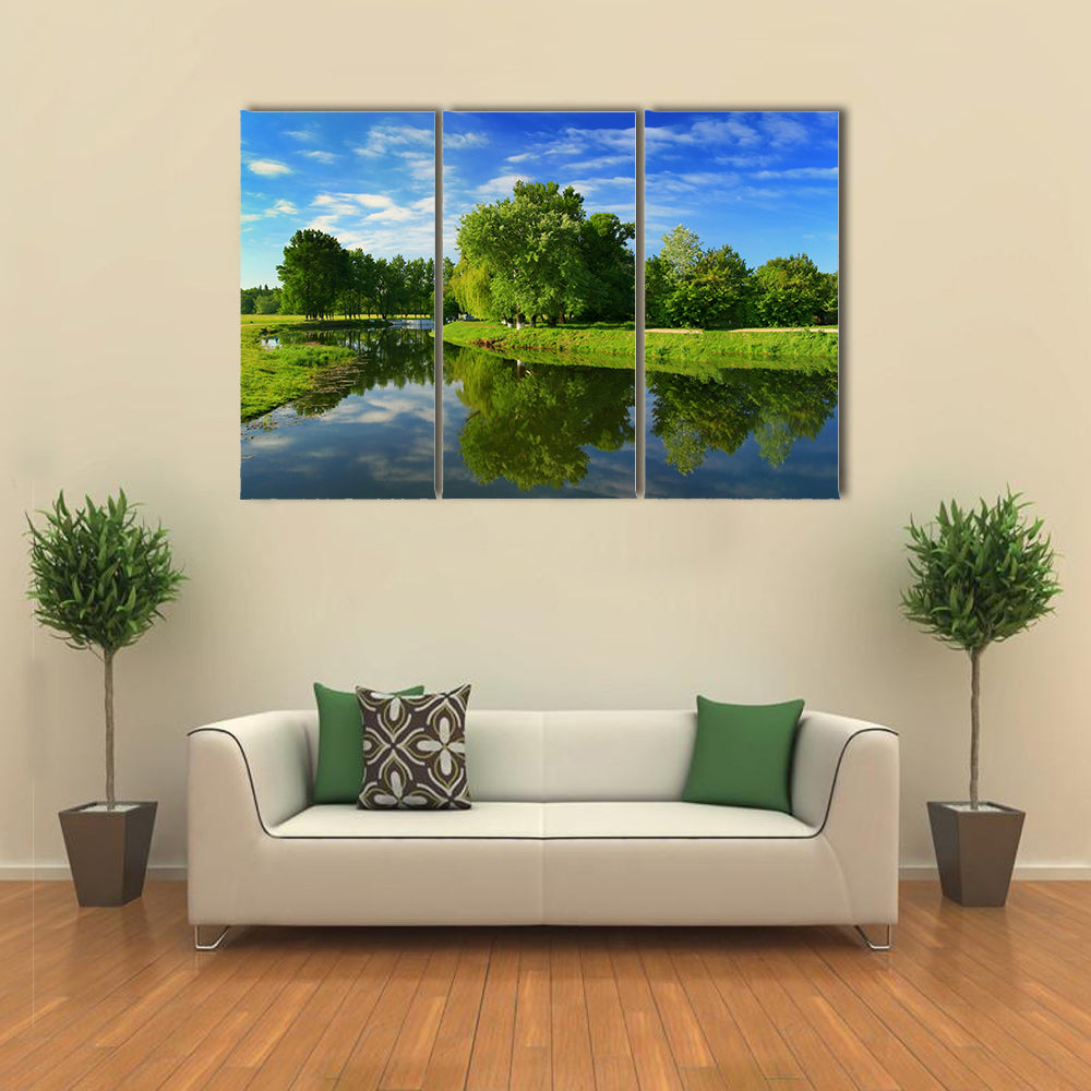 Reflection of trees in the river at dawn multi panel canvas wall art
