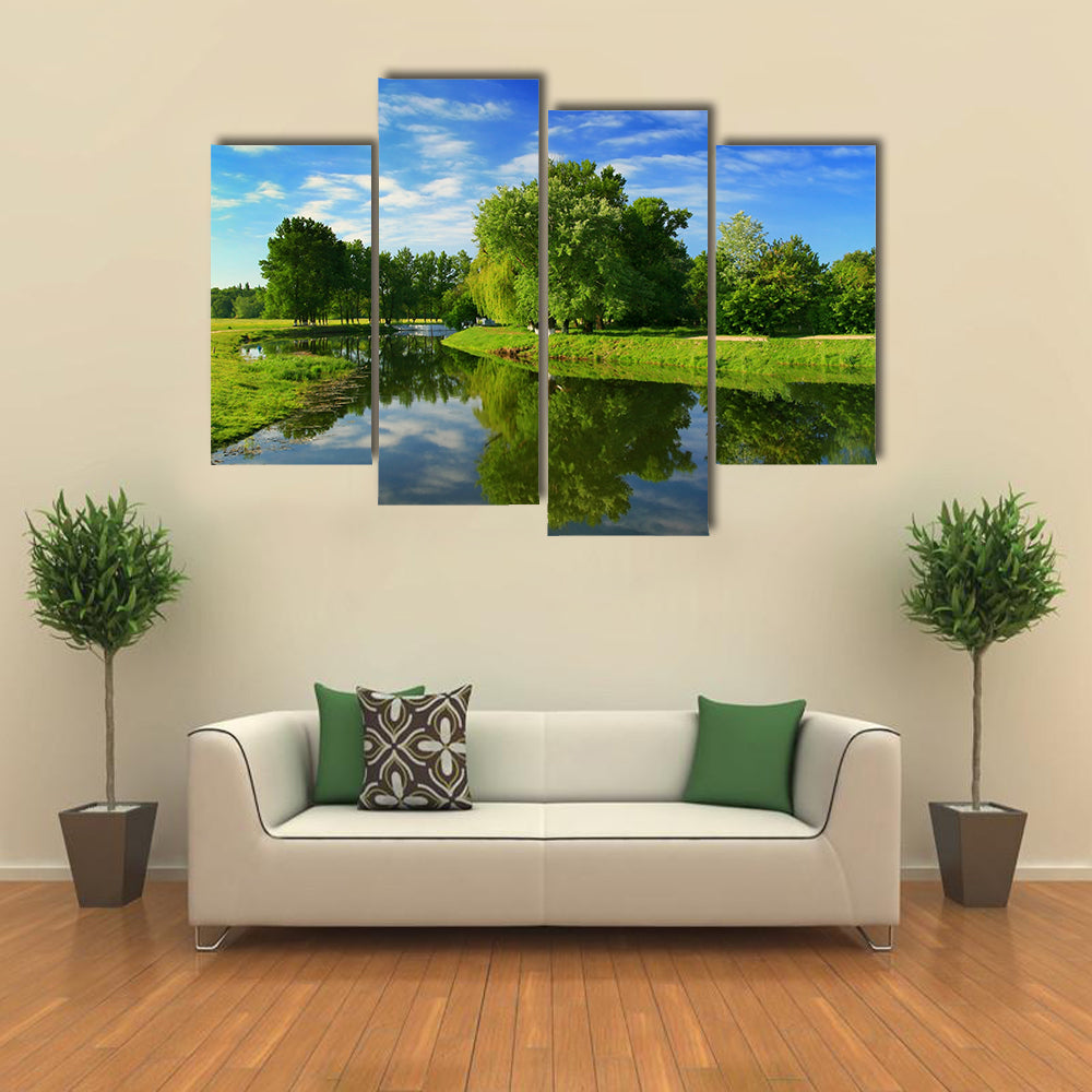 Reflection of trees in the river at dawn multi panel canvas wall art