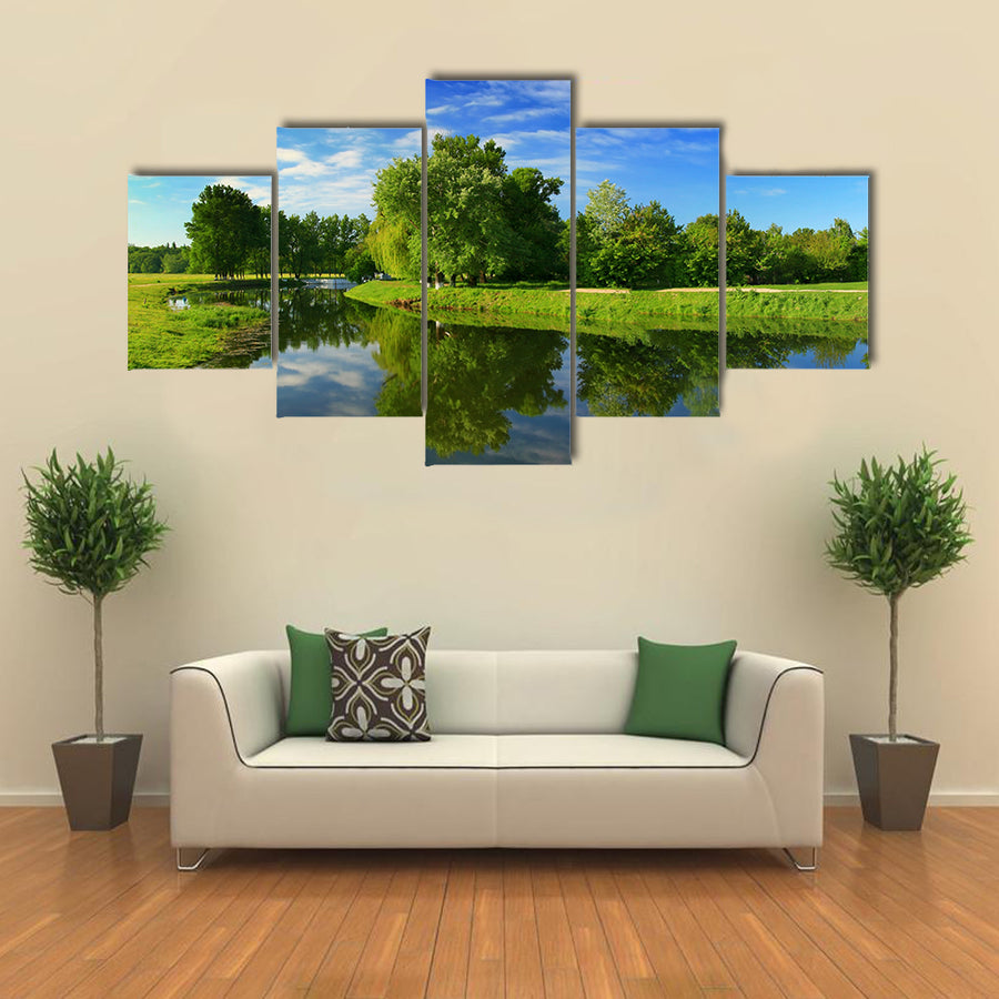 Reflection of trees in the river at dawn multi panel canvas wall art
