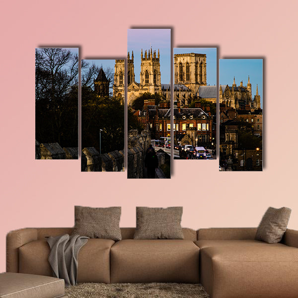 The New York minster in the United Kingdom in the evening from the city wall multi panel canvas wall art