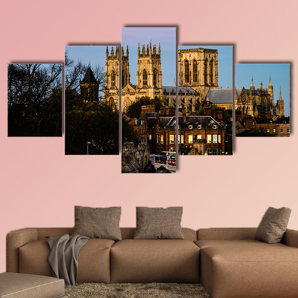 The New York minster in the United Kingdom in the evening from the city wall multi panel canvas wall art