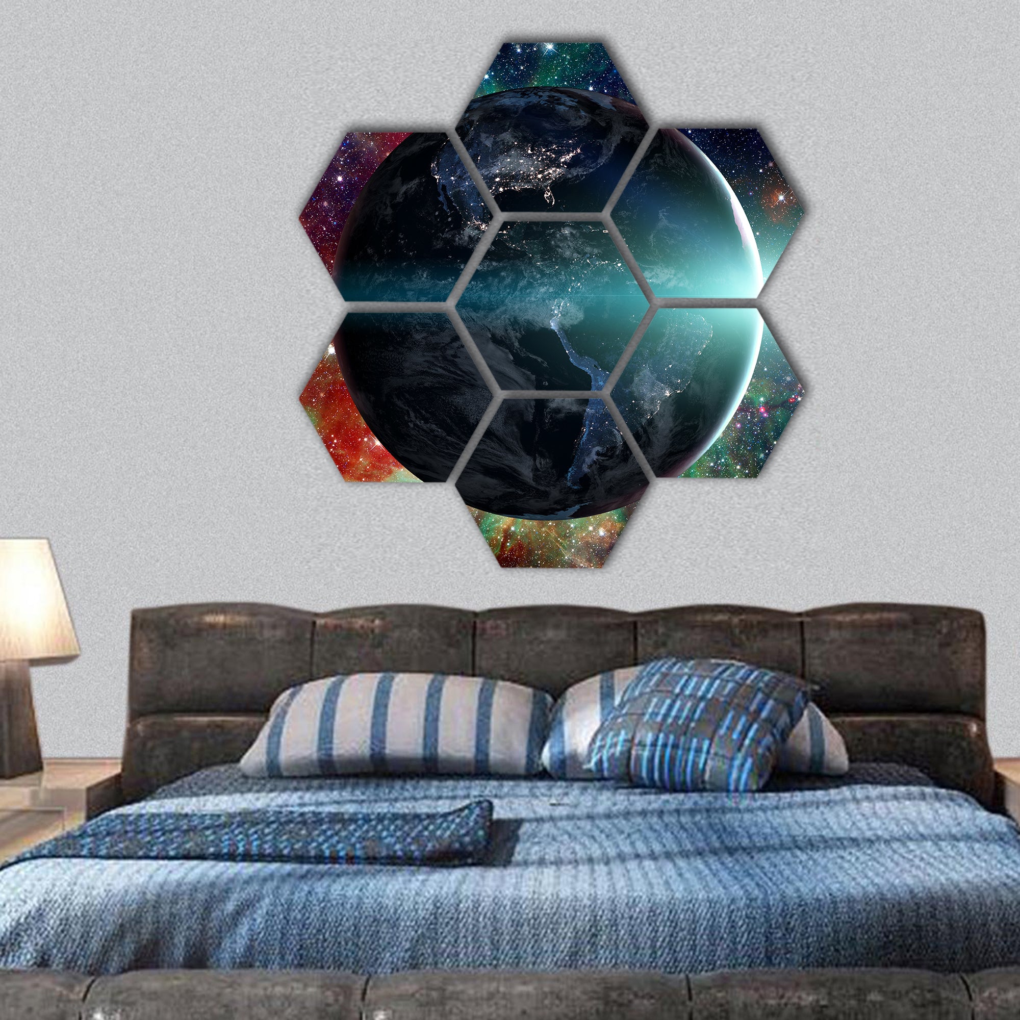 Planet Earth from the space hexagonal canvas wall art