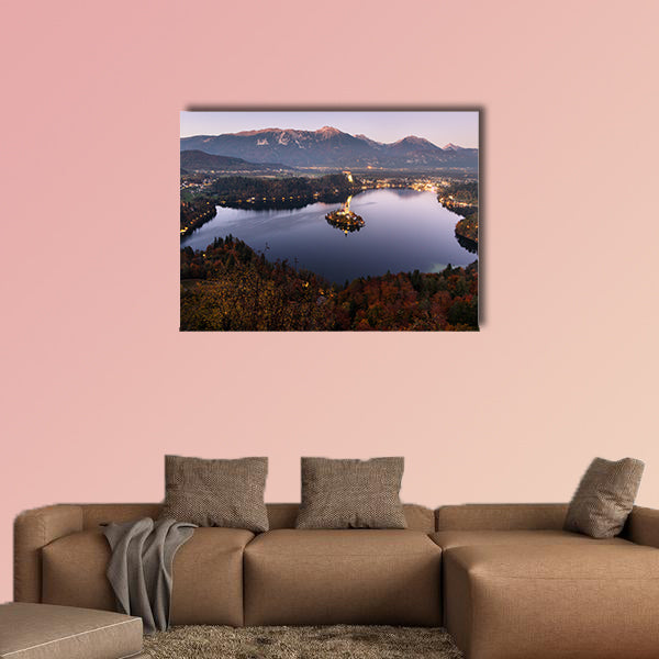Aerial view of beautiful Bled Lake, Slovenia, at dusk multi panel canvas wall art