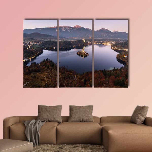 Aerial view of beautiful Bled Lake, Slovenia, at dusk multi panel canvas wall art