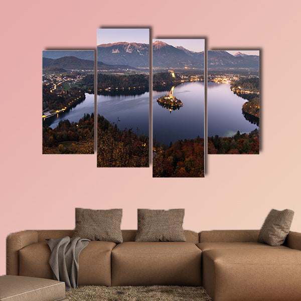 Aerial view of beautiful Bled Lake, Slovenia, at dusk multi panel canvas wall art