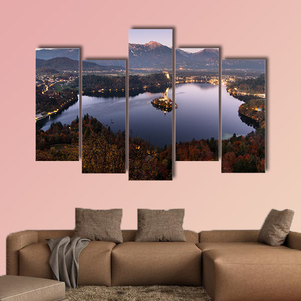 Aerial view of beautiful Bled Lake, Slovenia, at dusk multi panel canvas wall art
