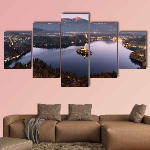 Aerial view of beautiful Bled Lake, Slovenia, at dusk multi panel canvas wall art