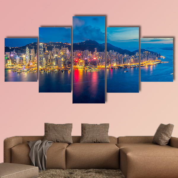 Panorama of Hong Kong City skyline at sunset multi panel canvas wall art