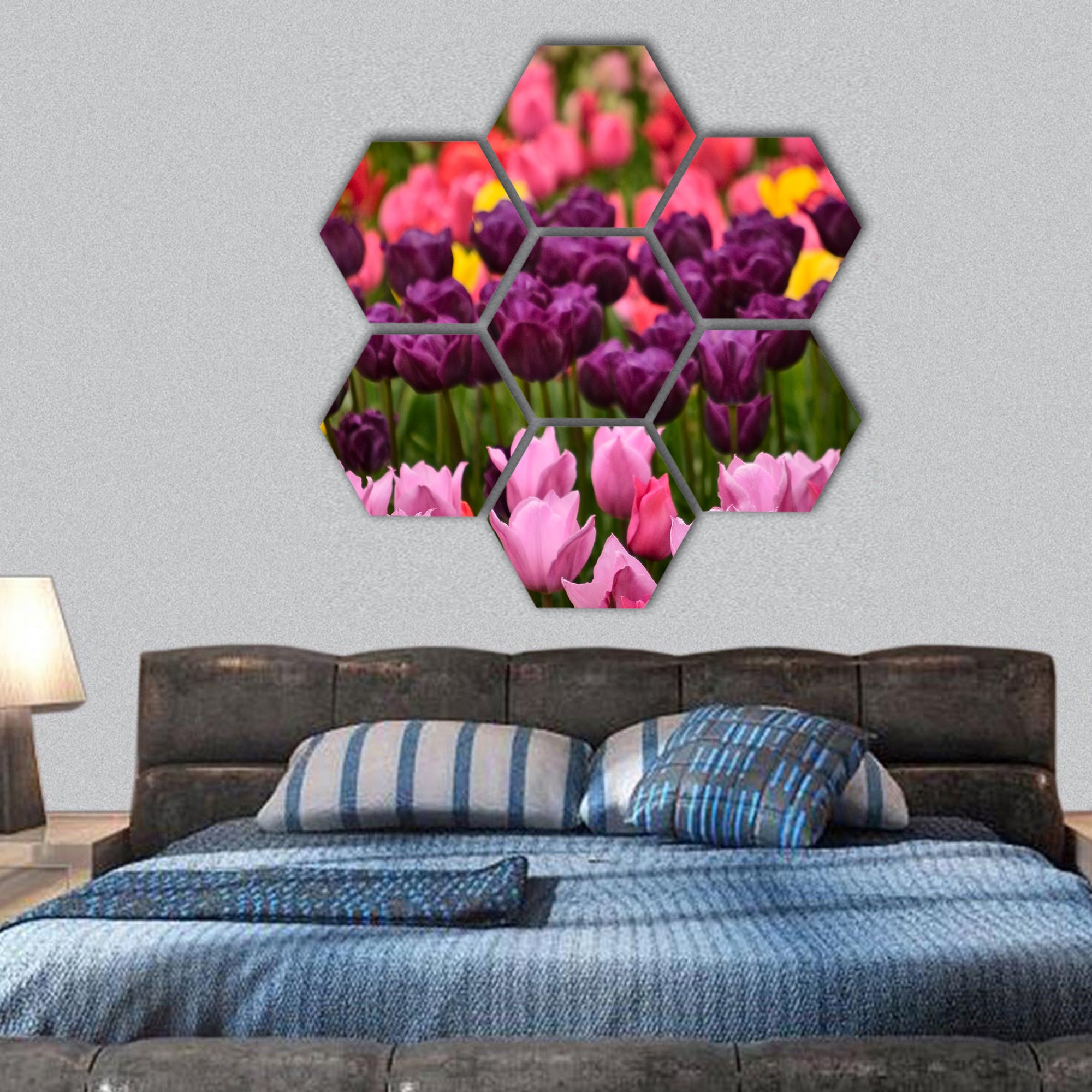 beautiful spring flower tulips hexagonal canvas wall art