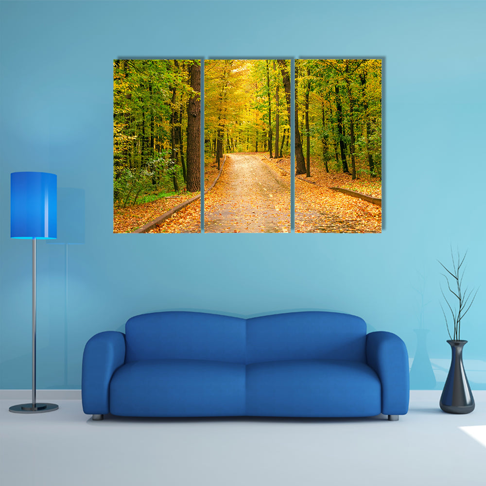 Autumn Tree Road Landscape View Of Yellow, Red, Orange Leaves Multi Panel Canvas Wall Art