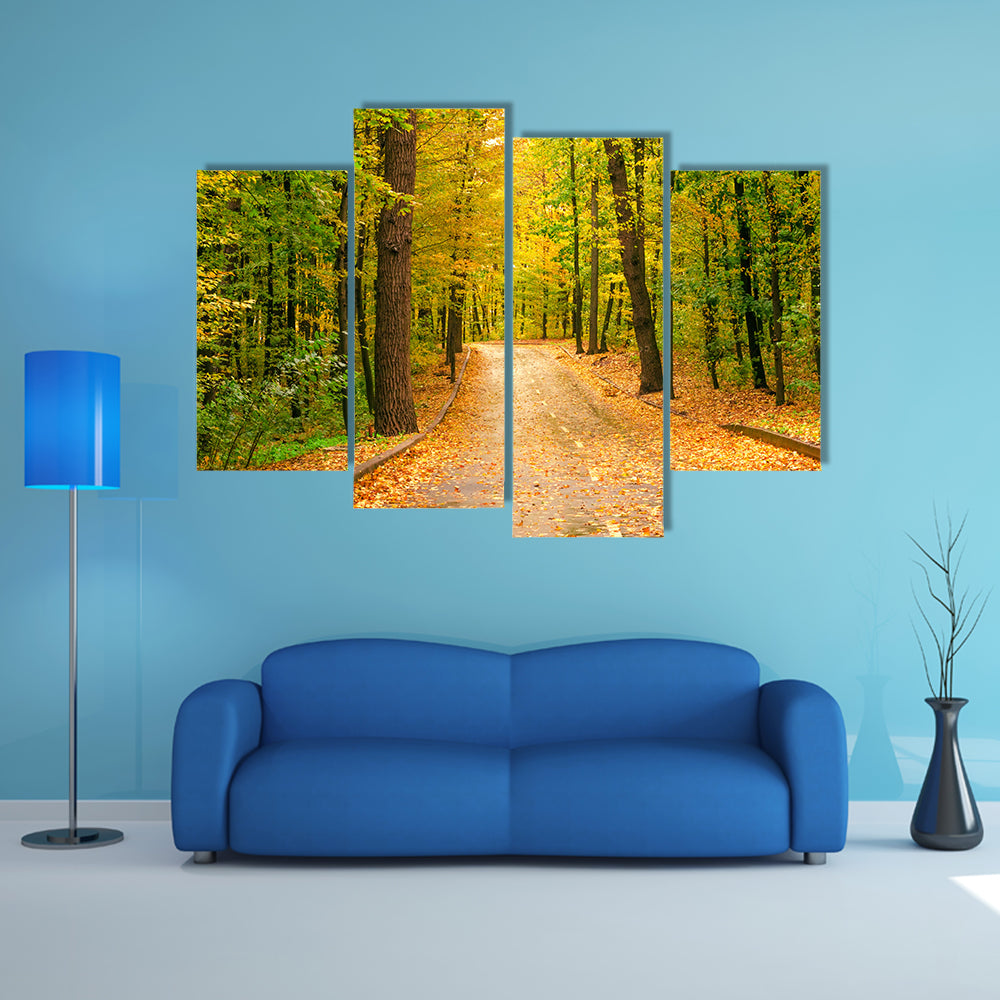 Autumn Tree Road Landscape View Of Yellow, Red, Orange Leaves Multi Panel Canvas Wall Art