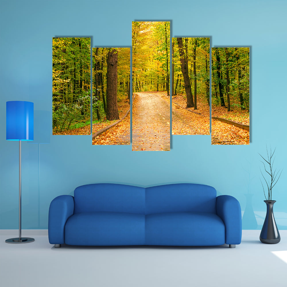 Autumn Tree Road Landscape View Of Yellow, Red, Orange Leaves Multi Panel Canvas Wall Art