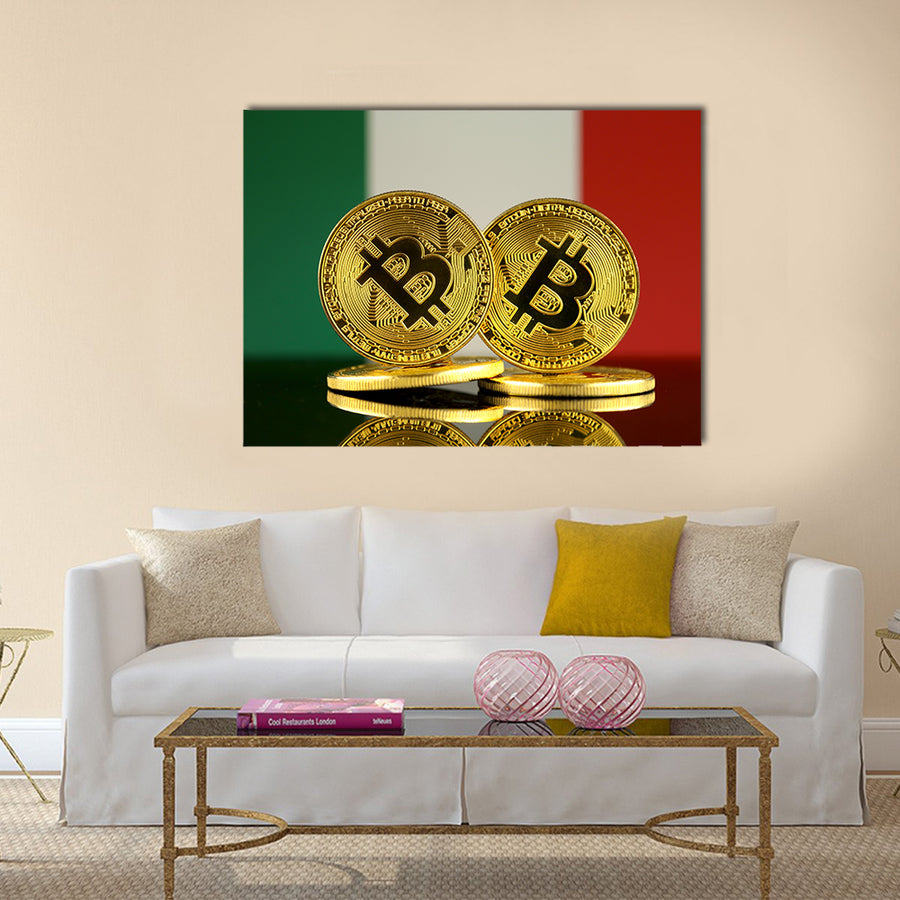 Physical version of Bitcoin and Italy Flag multi panel canvas wall art
