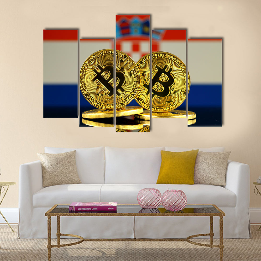Physical version of Bitcoin and Croatia Flag multi panel canvas wall art