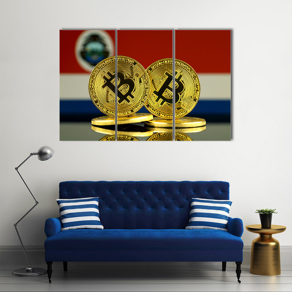 Physical version of Bitcoin and Costa Rica Flag multi panel canvas wall art