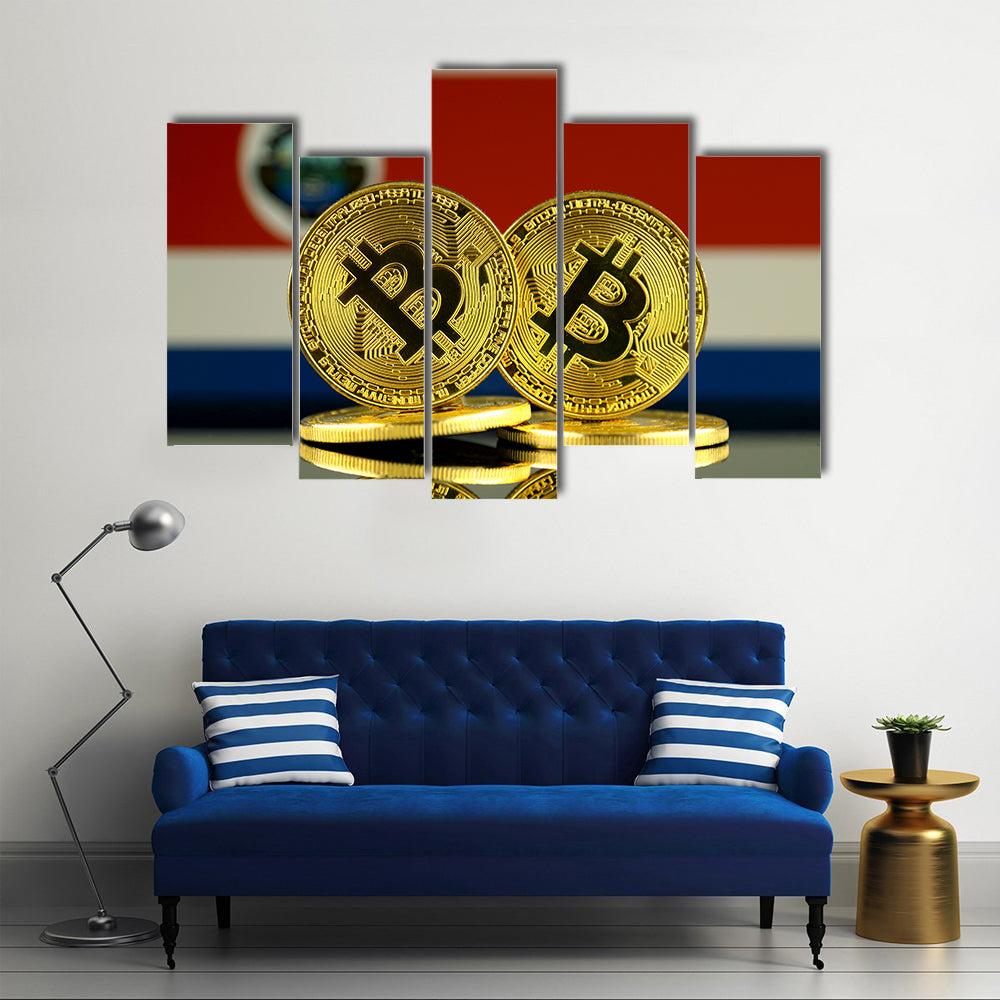 Physical version of Bitcoin and Costa Rica Flag multi panel canvas wall art
