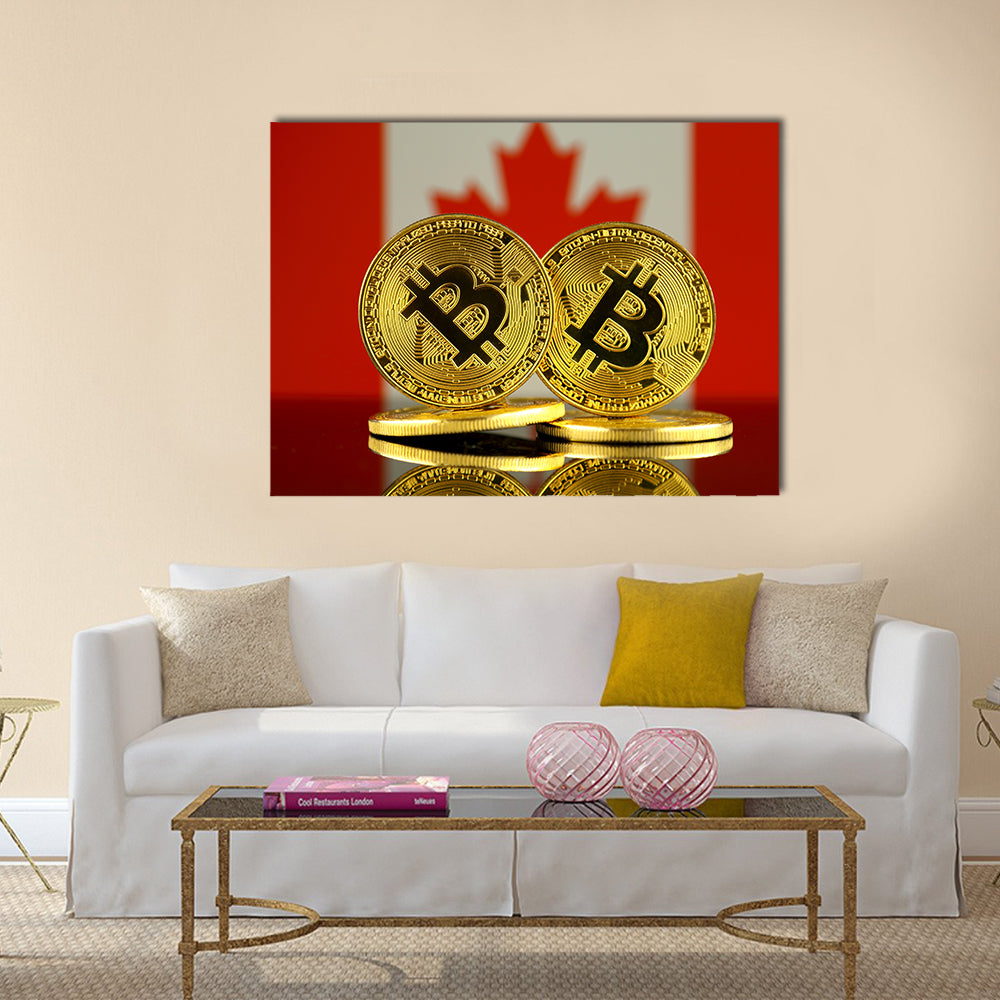 Physical version of Bitcoin and Canada Flag multi panel canvas wall art