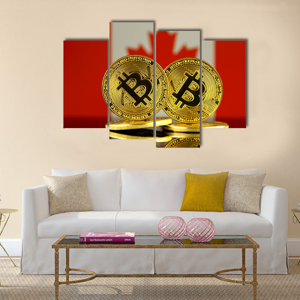 Physical version of Bitcoin and Canada Flag multi panel canvas wall art