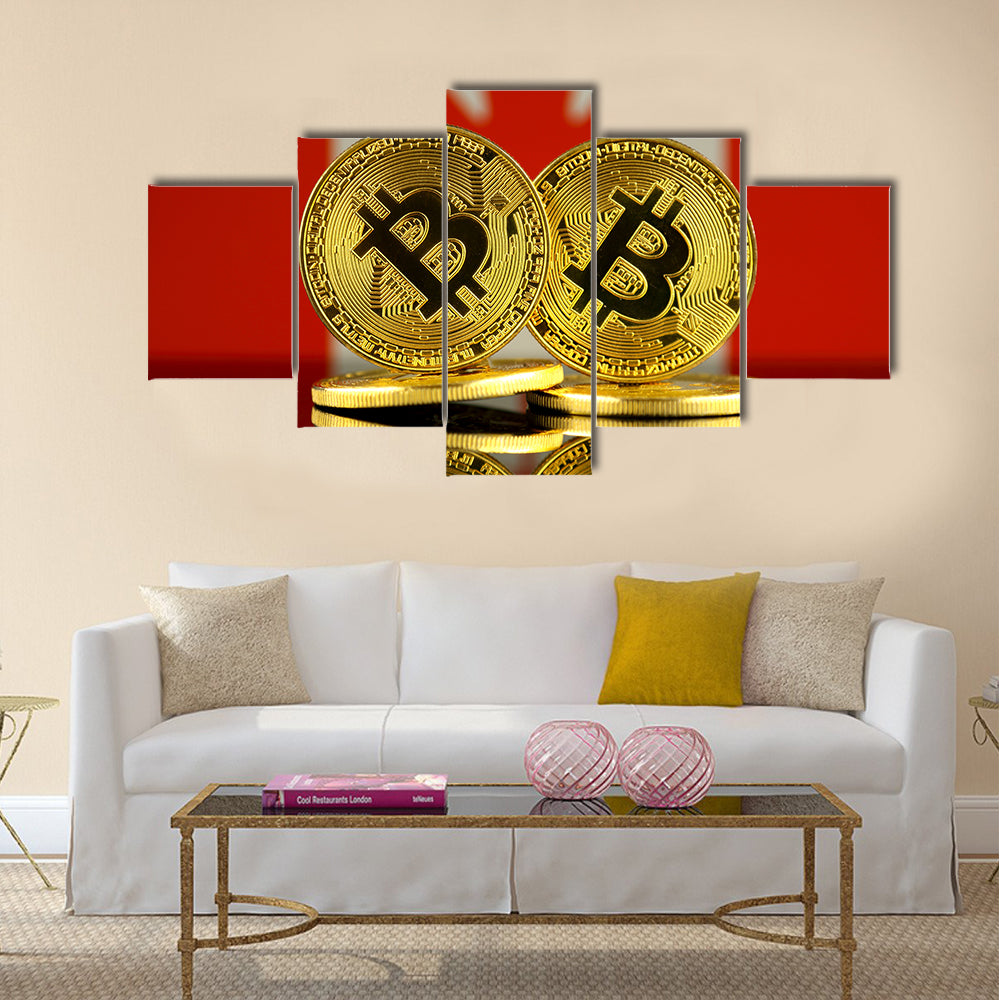 Physical version of Bitcoin and Canada Flag multi panel canvas wall art