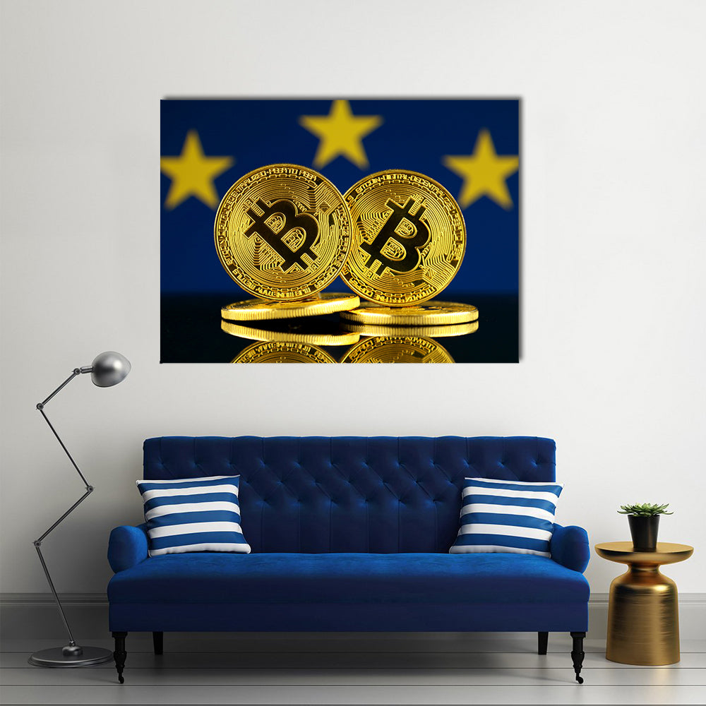 Physical version of Bitcoin and European Union Flag multi panel canvas wall art