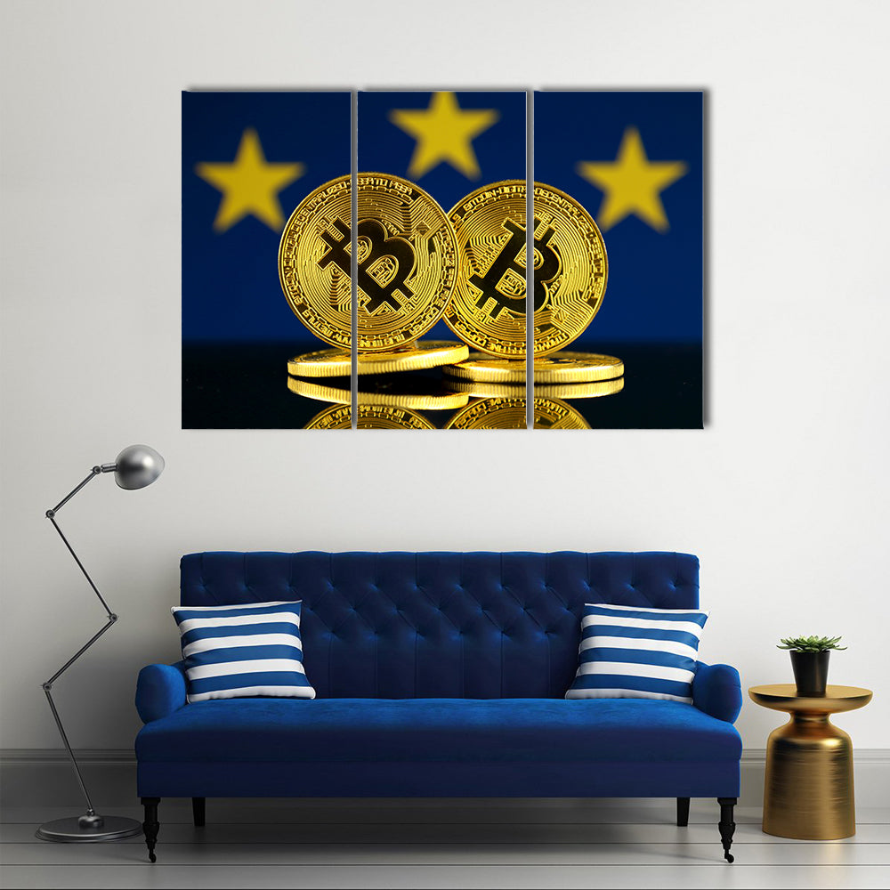 Physical version of Bitcoin and European Union Flag multi panel canvas wall art