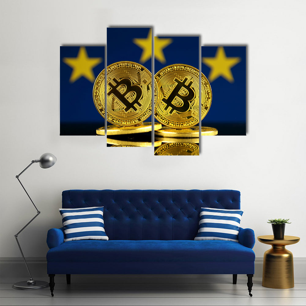 Physical version of Bitcoin and European Union Flag multi panel canvas wall art