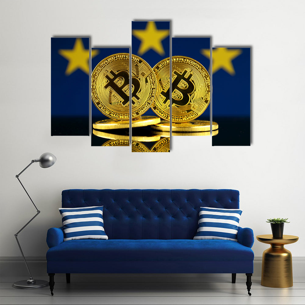 Physical version of Bitcoin and European Union Flag multi panel canvas wall art