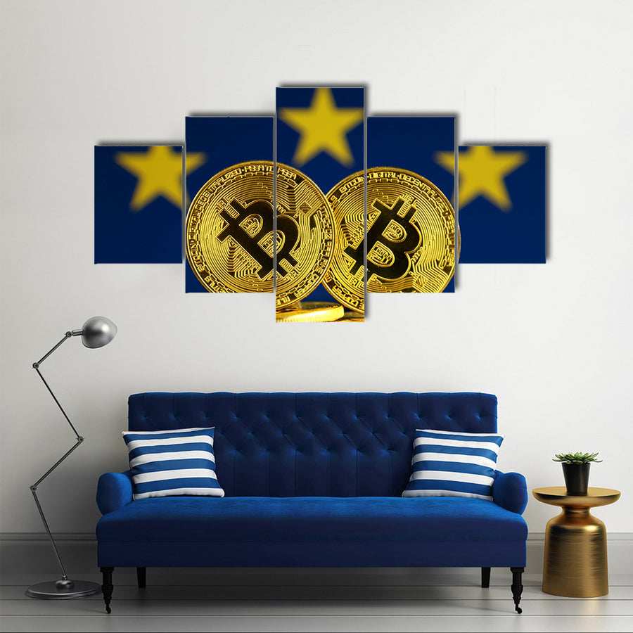 Physical version of Bitcoin and European Union Flag multi panel canvas wall art