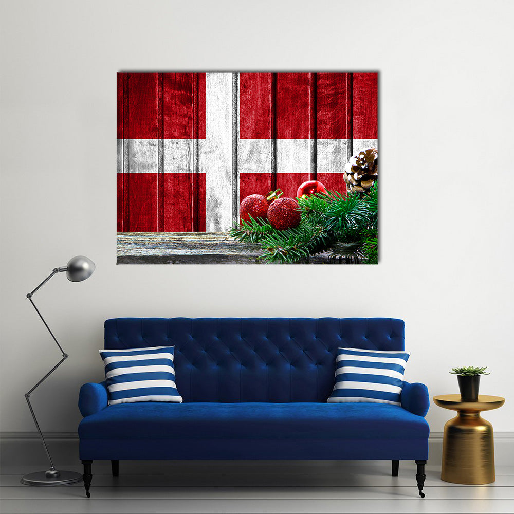 Flag Of Denmark On Wooden Christmas Background Multi Panel Canvas Wall Art