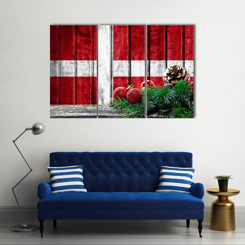 Flag Of Denmark On Wooden Christmas Background Multi Panel Canvas Wall Art