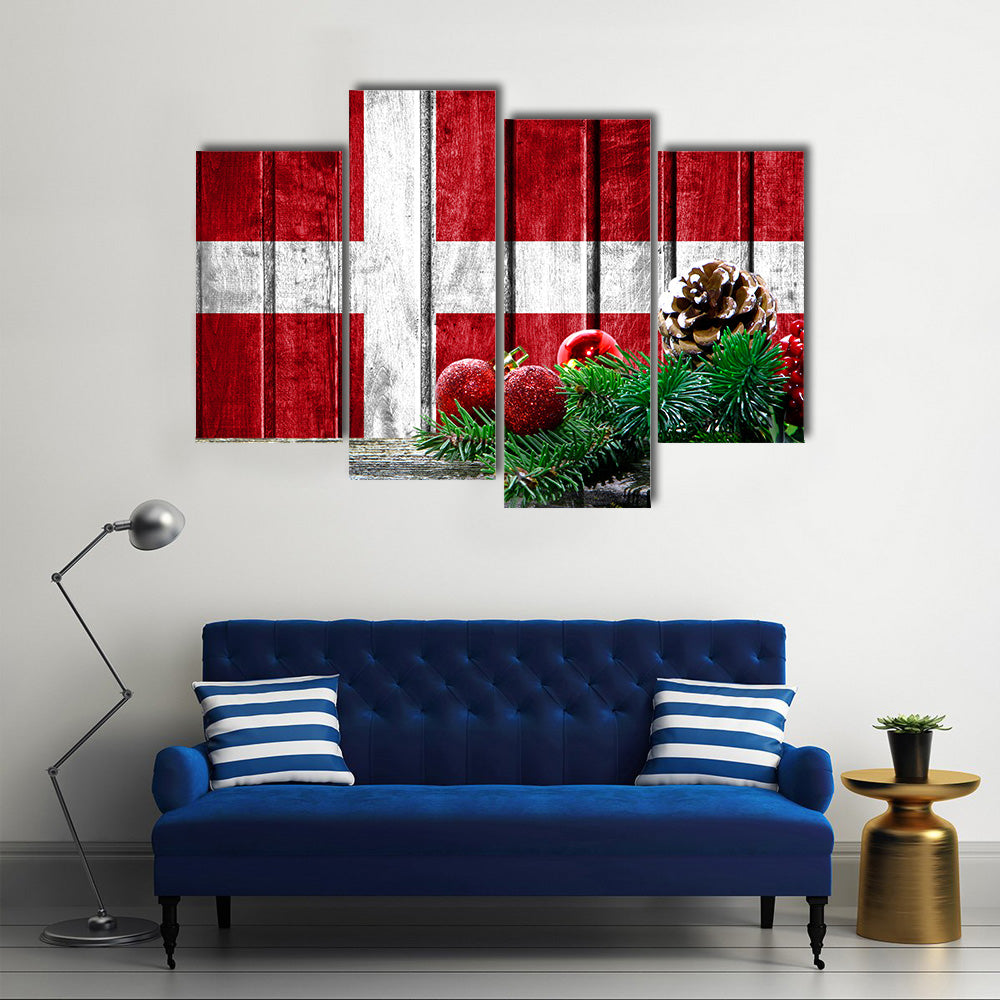 Flag Of Denmark On Wooden Christmas Background Multi Panel Canvas Wall Art