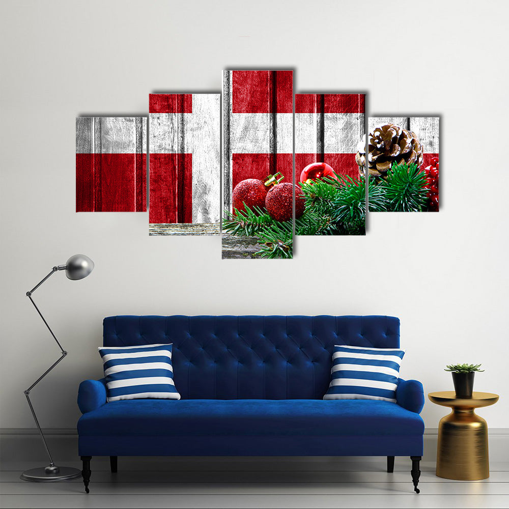 Flag Of Denmark On Wooden Christmas Background Multi Panel Canvas Wall Art