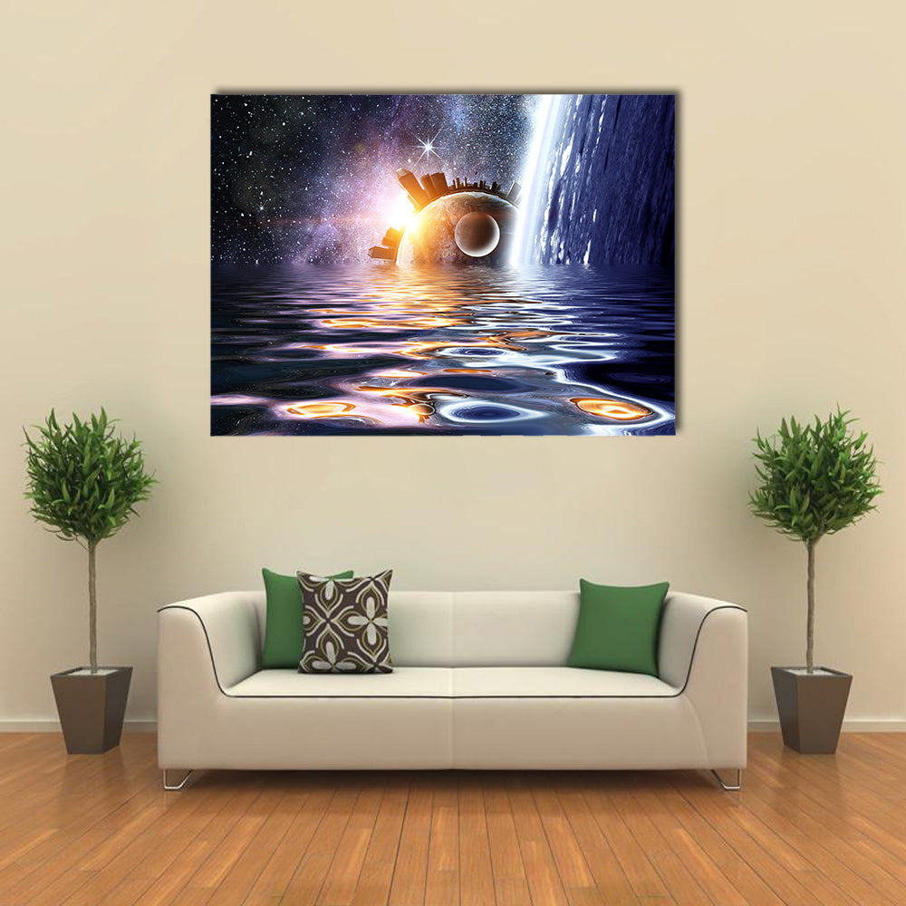Falling Water Into Space Planets And Sea Waters Multi Panel Canvas Wall Art Print Set