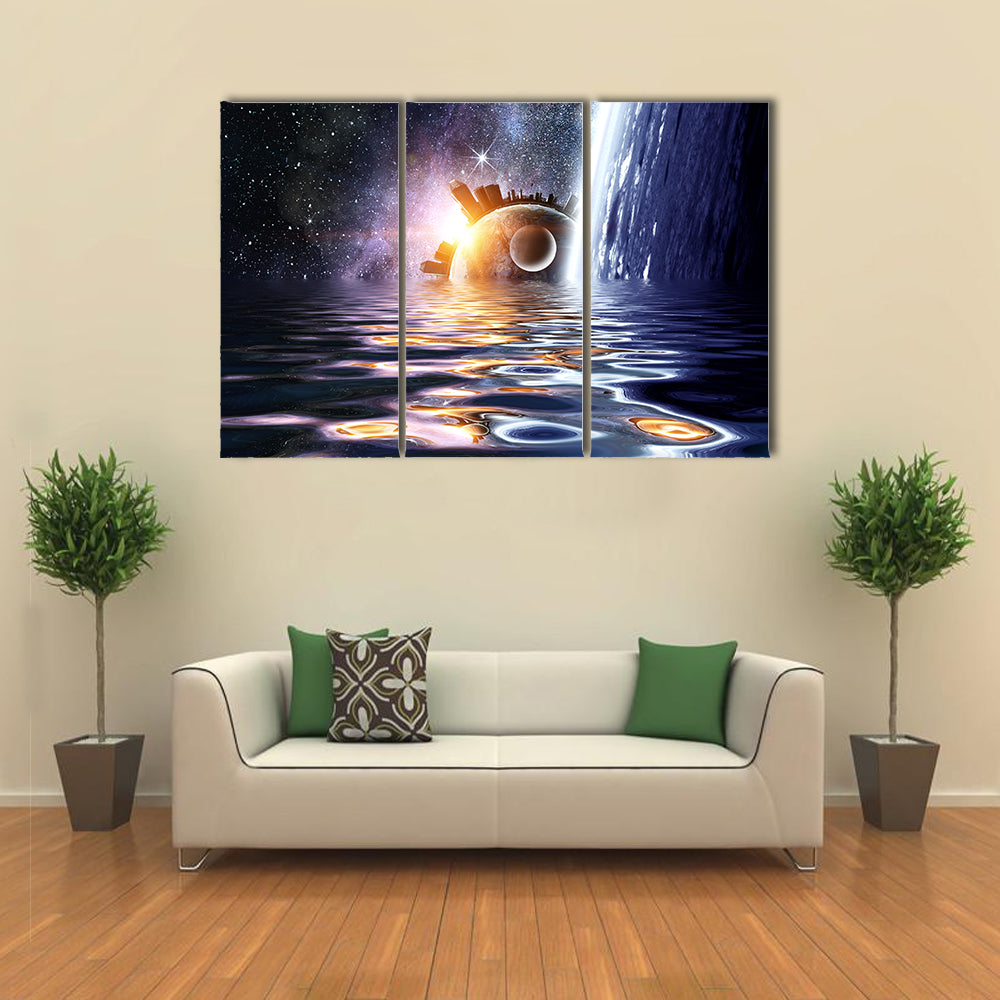 Falling Water Into Space Planets And Sea Waters Multi Panel Canvas Wall Art Print Set