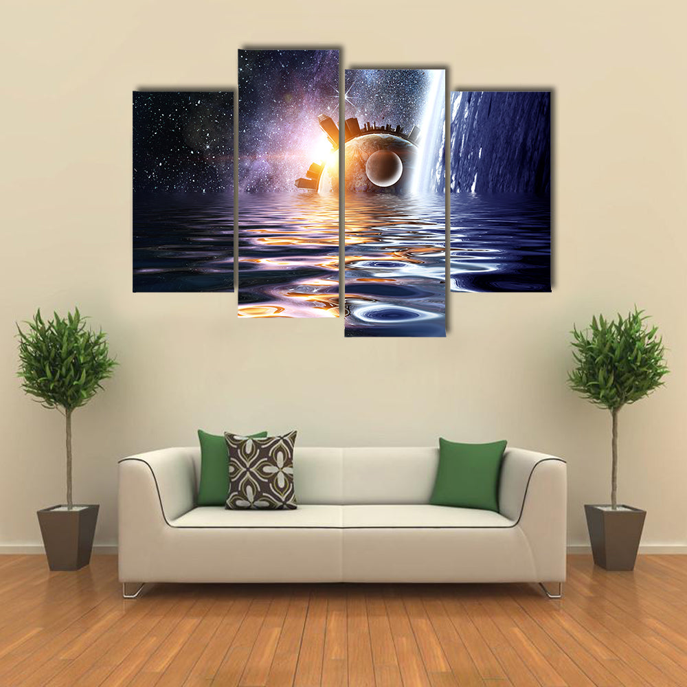 Falling Water Into Space Planets And Sea Waters Multi Panel Canvas Wall Art Print Set