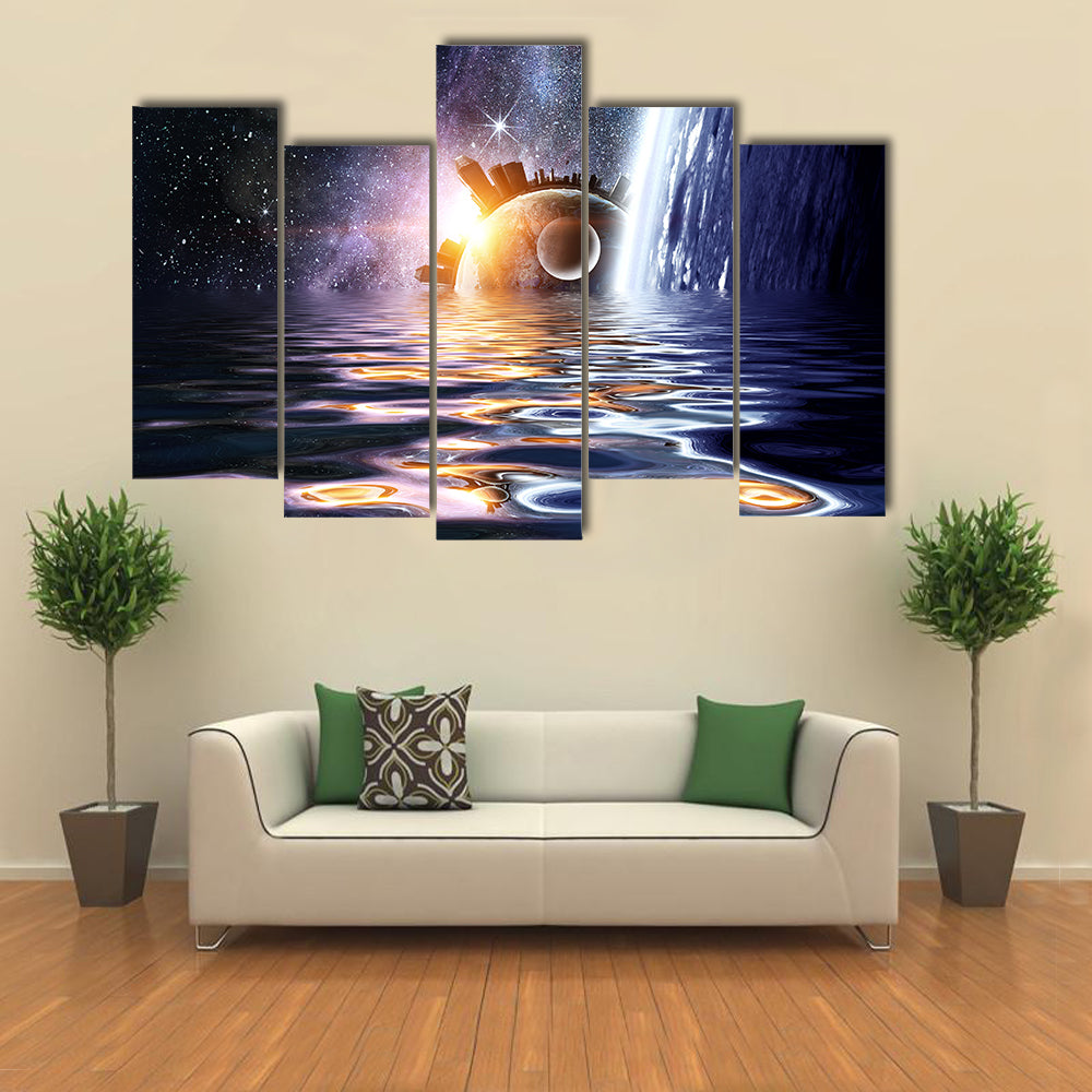 Falling Water Into Space Planets And Sea Waters Multi Panel Canvas Wall Art Print Set