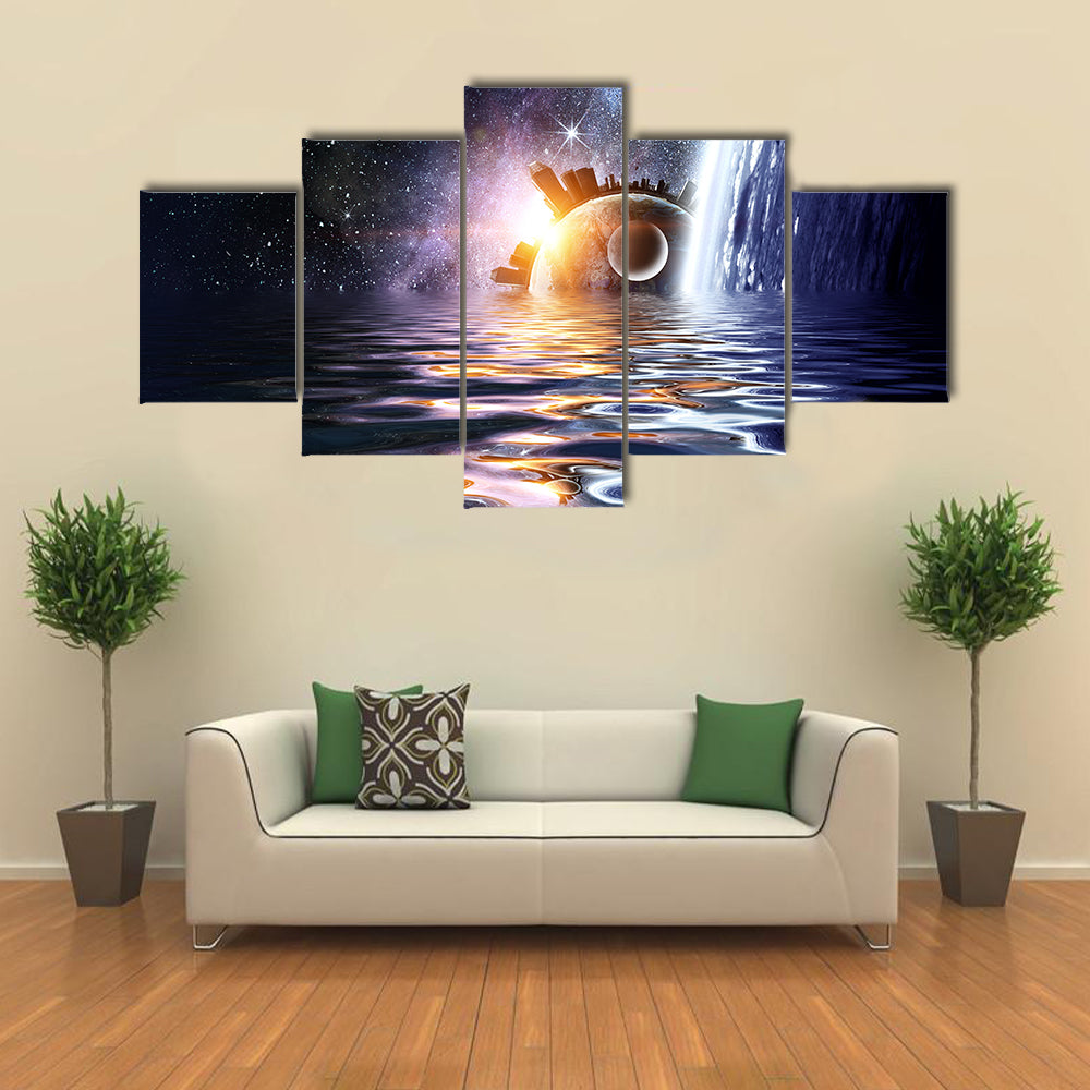 Falling Water Into Space Planets And Sea Waters Multi Panel Canvas Wall Art Print Set