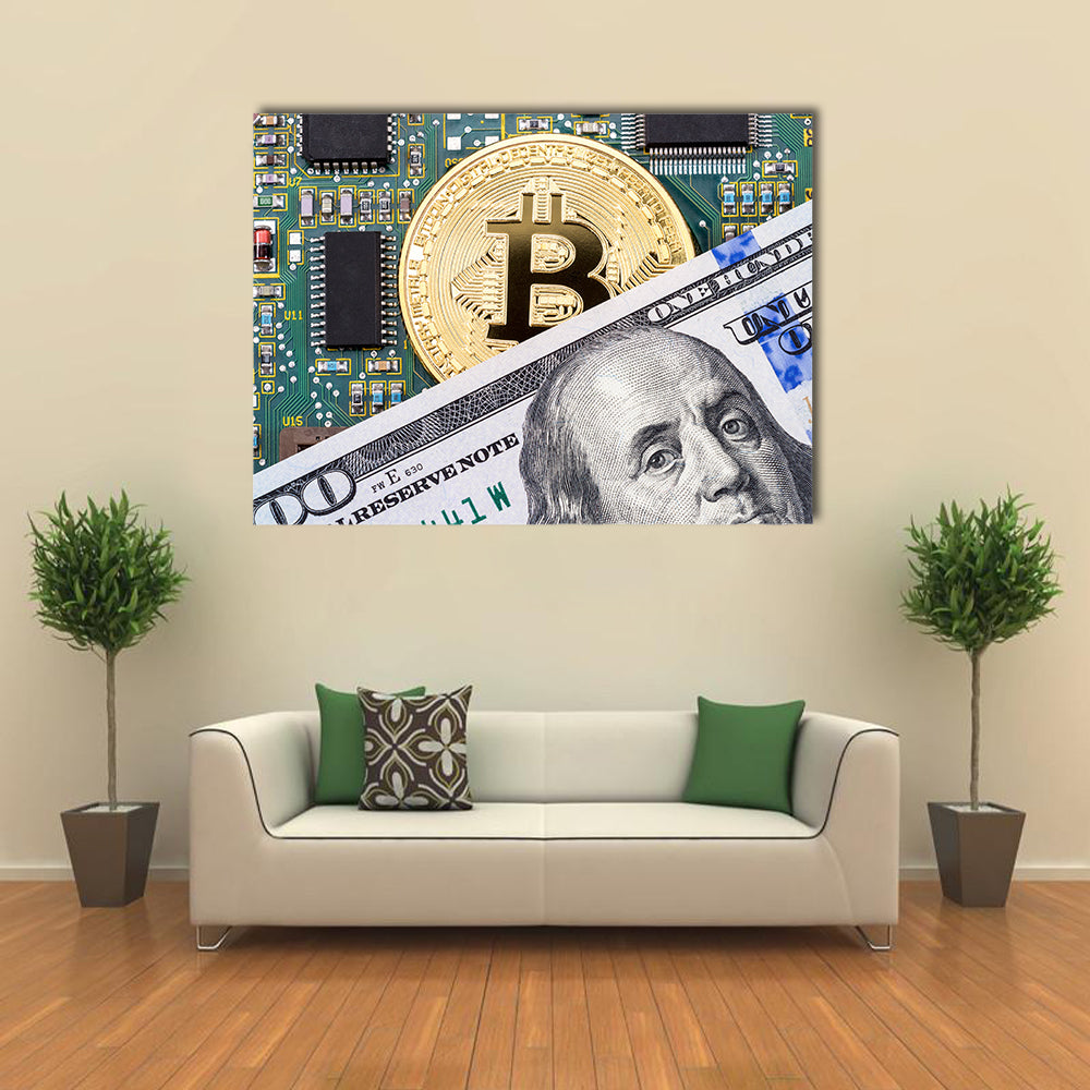 Digital cryptocurrency gold bitcoin electronic computer component and american dollar Multi panel canvas wall art