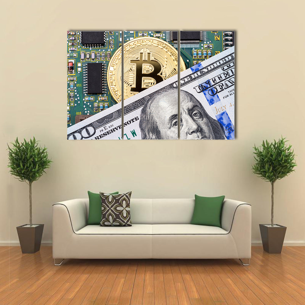 Digital cryptocurrency gold bitcoin electronic computer component and american dollar Multi panel canvas wall art