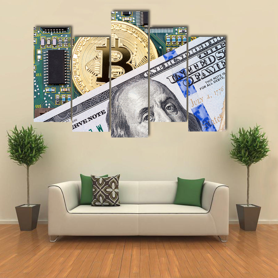 Digital cryptocurrency gold bitcoin electronic computer component and american dollar Multi panel canvas wall art