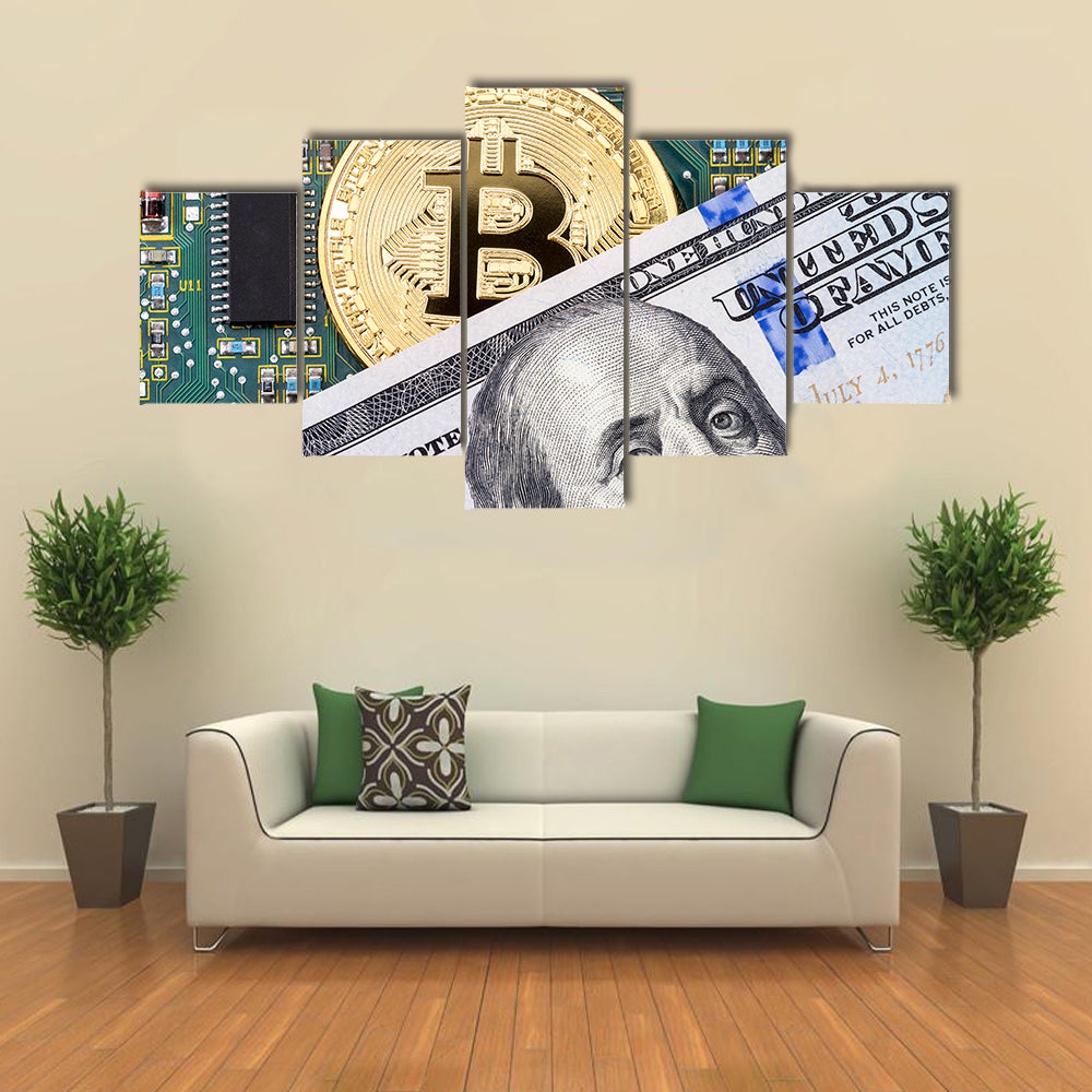 Digital cryptocurrency gold bitcoin electronic computer component and american dollar Multi panel canvas wall art