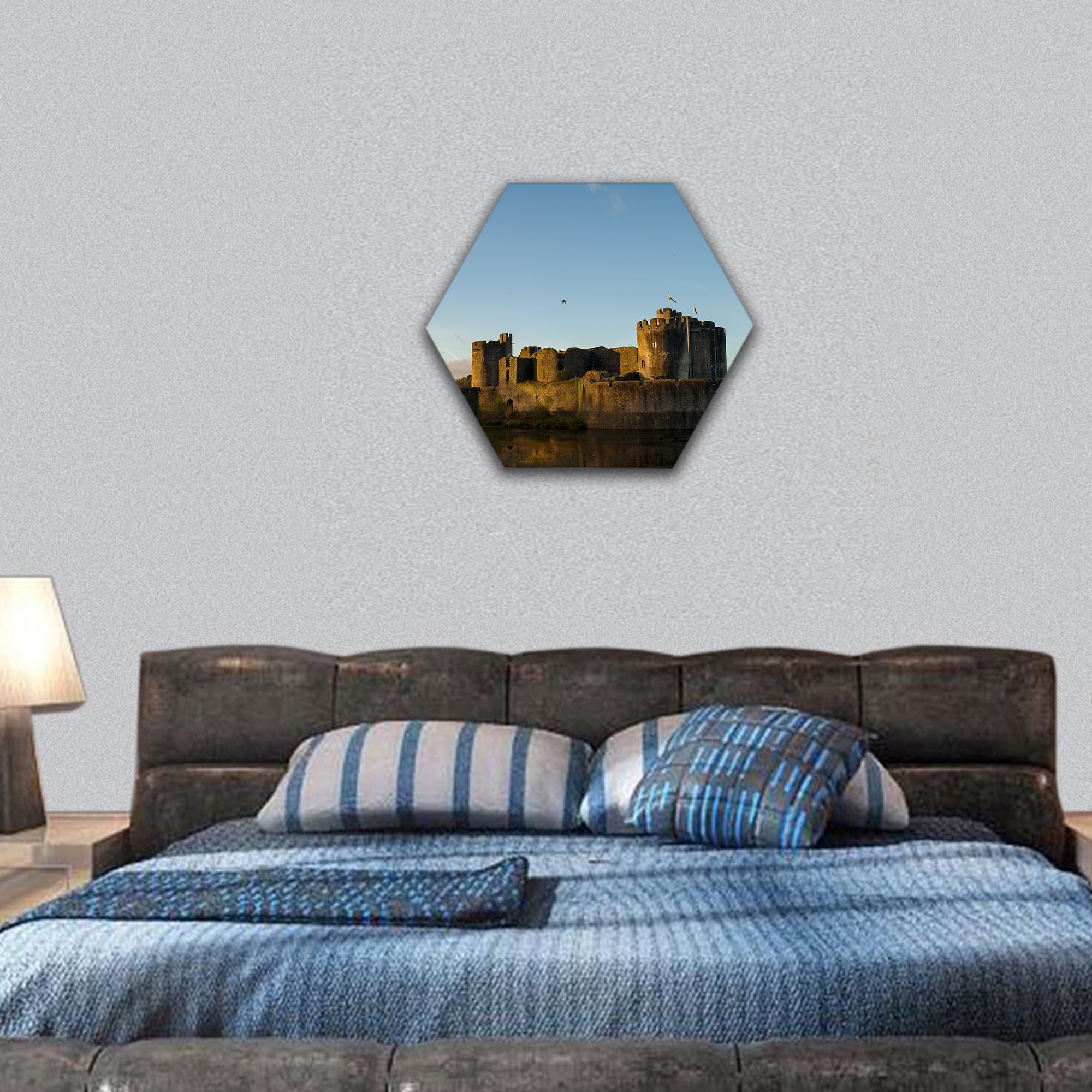 Carphilly Castle in South Wales hexagonal canvas wall art