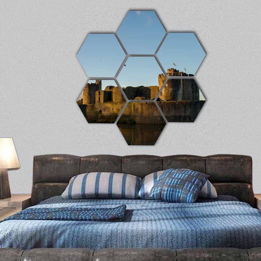 Carphilly Castle in South Wales hexagonal canvas wall art