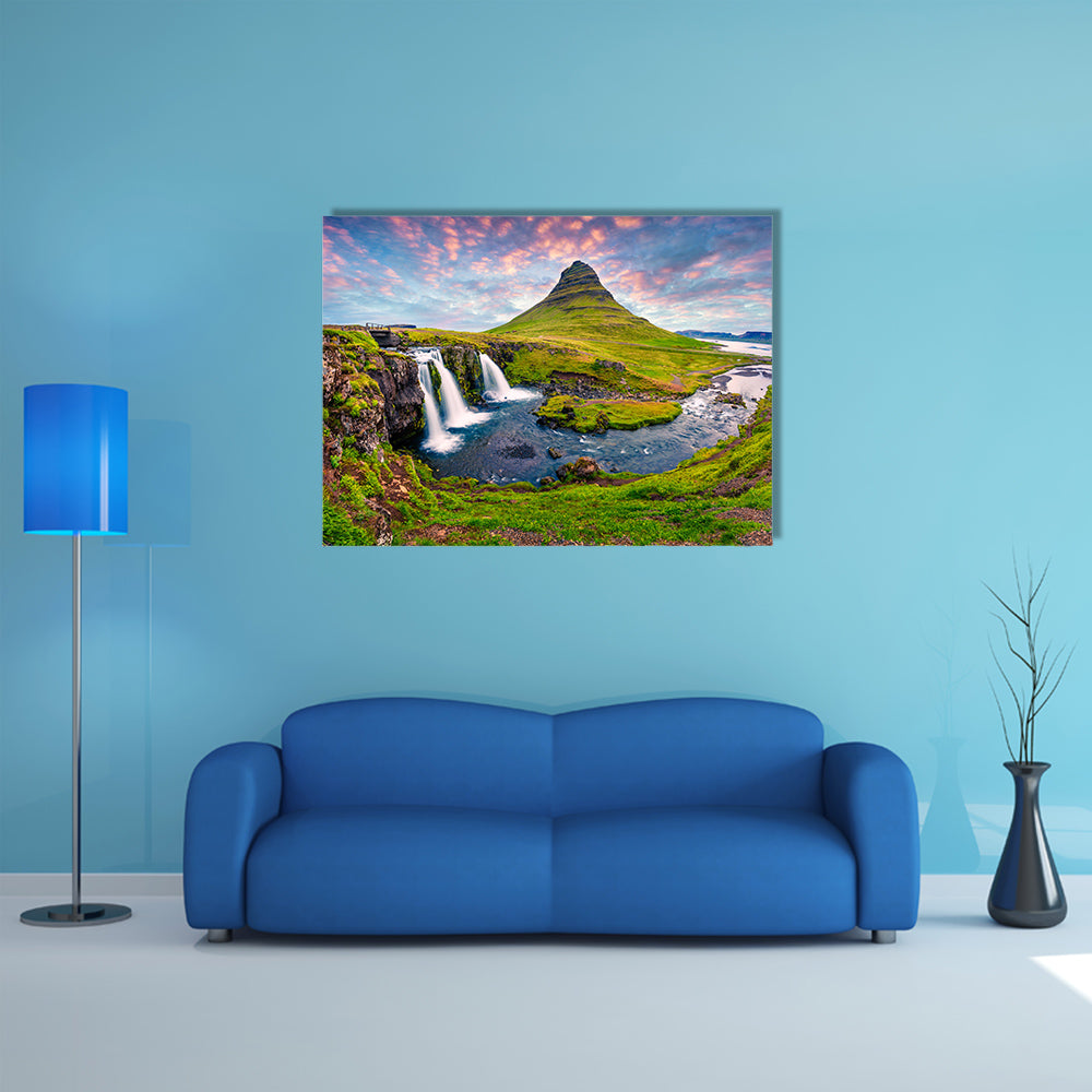Summer sunset on famous Kirkjufellsfoss Waterfall and Kirkjufell Mountain multi panel canvas wall art